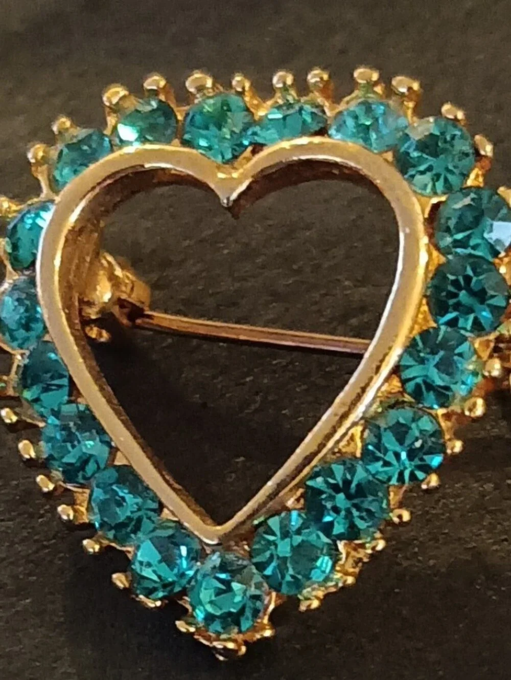 Gold Heart Pin with Teal Crystals